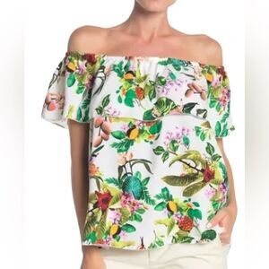 CATHERINE MALANDRINO Tropical Off Shoulder Floral White Top